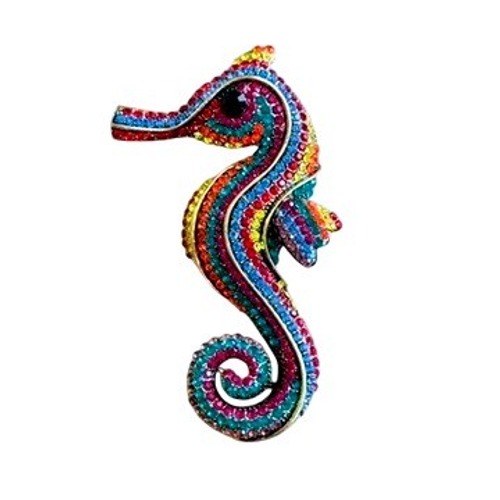 Seahorse Bejeweled Brooch Pin Retro Rainbow Rhinestone Colorful Large Gold Tone